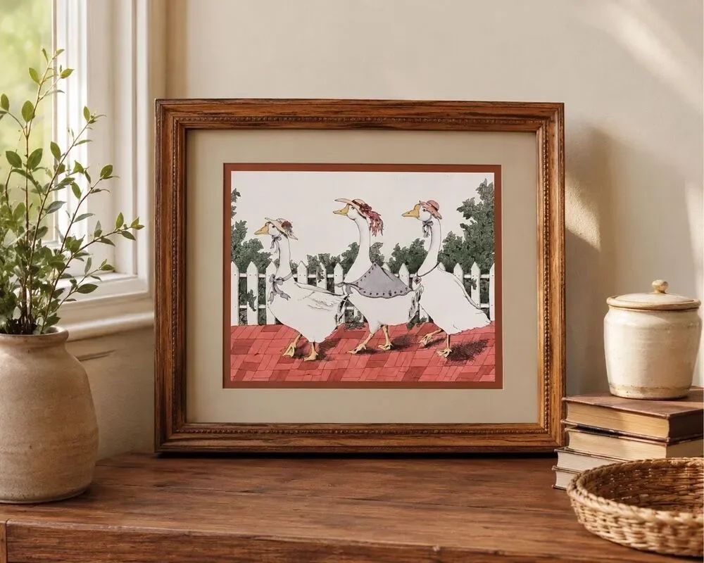 Framed Country Geese Wall Art Print Rustic Farmhouse Decor Wood Frame vtge